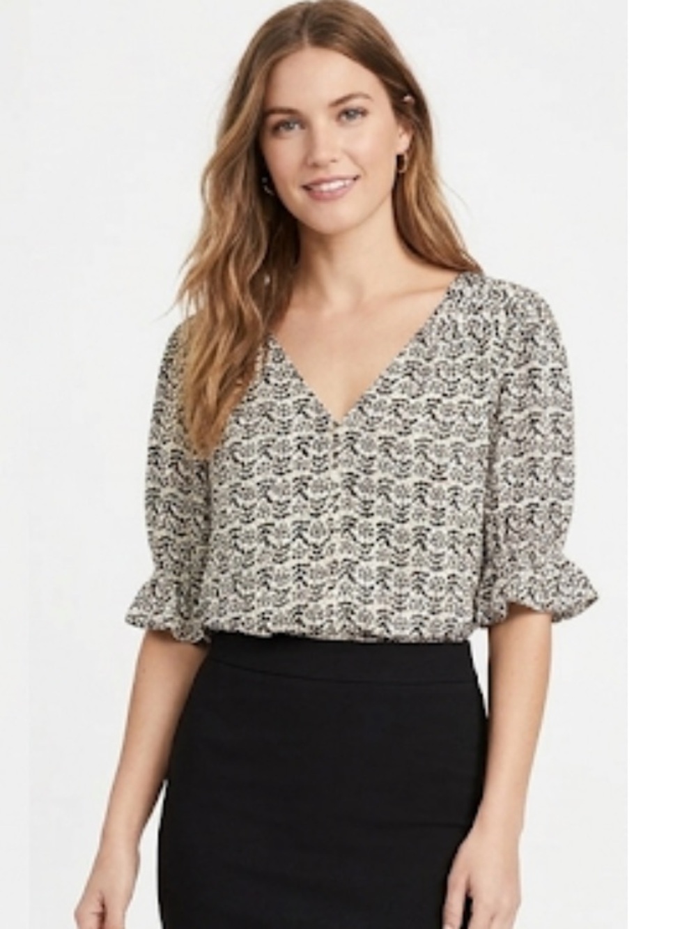 LOFT Floral white and black puff sleeves V-neck Blouse size S